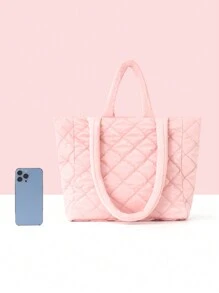 1 件秋冬季轻质羽绒钻石绗缝单肩包大容量纯色拉链加厚女士手提包休闲便携时尚手提包适合白领、教师、女孩、女大学生返校、工作、商务、通勤、大学、菜鸟白领、户外、旅行、郊游、书包、办公室 - 粉色 - 查看 4