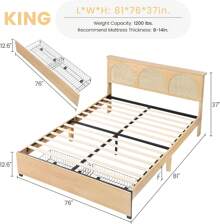 King Size Bed Frame With Natural Rattan Headboard And Storage Drawers, Bed Frame With LED Strips And Strong Woode Slats Support, No Box Spring Needed,Easy Assembly