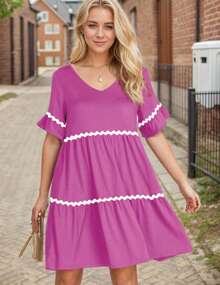 tooluck Women's Flowy Mini Dress With Pockets Solid Color & Stripes Print Design V Neck Ruffle Short Sleeve A Line Tiered - 玫紅色 - 查看 4