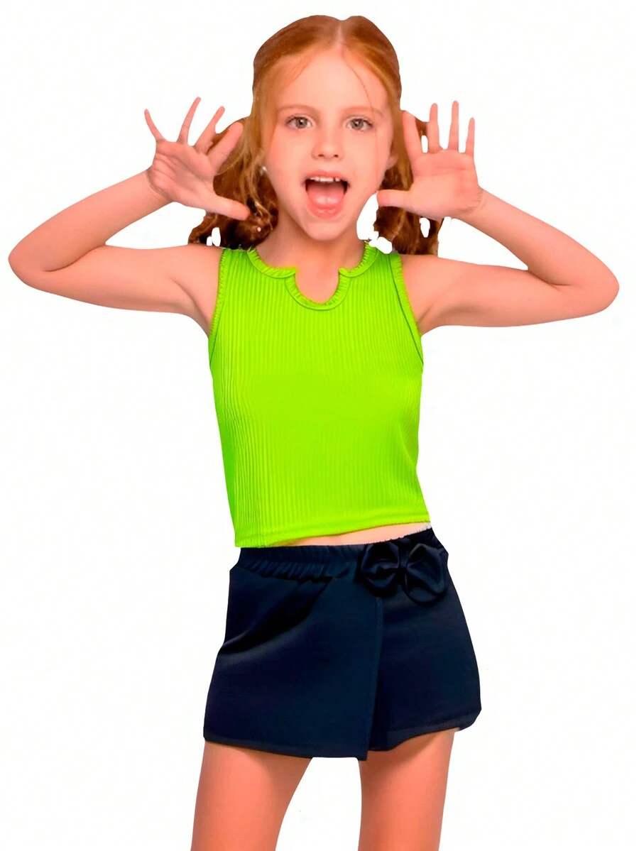 Children's Set For Girls Consisting Of A Ribbed Tank Top And A Short Skirt - Màu xanh chanh - Xem 1