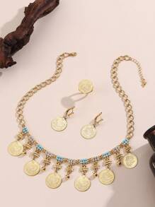 1 set de style bohème Boucles d'oreilles à pampilles avec pièce, bague et collier en alliage de cuivre plaqué or 18 carats avec incrustations de cristal, convient pour les femmes, port quotidien et cadeau de vacances
