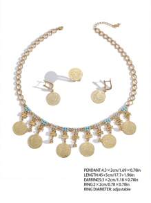 1 set de style bohème Boucles d'oreilles à pampilles avec pièce, bague et collier en alliage de cuivre plaqué or 18 carats avec incrustations de cristal, convient pour les femmes, port quotidien et cadeau de vacances