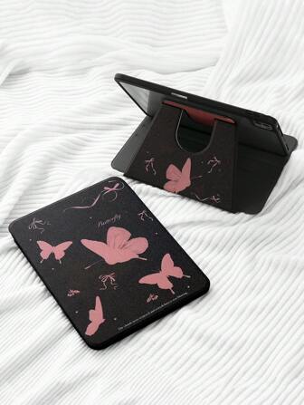 1pc Beautiful Black Butterfly 720 Rotary Protective Case With Pen Slot, Acrylic Clear Crystal Back Cover, Anti-Drop Case, Compatible With Ipad, With Sleep/Wake Up Support