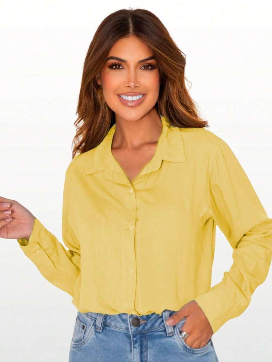 Women's Classic Elegant Long Sleeve Casual Chic Style Dress Shirt - 黃色 - 查看 1