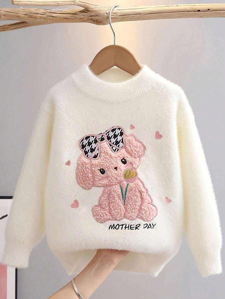 M.Dian xi 2025 Young Girl Cartoon Sweater Top, Girls Round Neck Thermal Lined Thick Faux Cashmere Knit Pullover