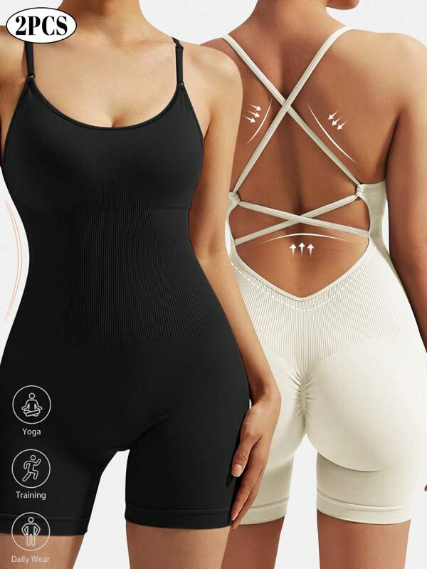 KIKIMINK Women's Plain Criss Cross Backless Sports Cami Romper Jumpsuits Sports Adjustable Strap Padded Scoop Neck Skinny Romper For Yoga Gym Workout Ladies Sportswear