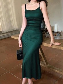 Vestido de cóctel ceñido de mujer con tirantes finos de malla - Verde Oscuro - Ver 5