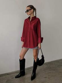 QIANZHIDU Elva 女士纯色宽松长袖商务面试通勤休闲简约衬衫，适合返校、毕业、办公等场合，简约优雅，宽松版型，春、夏、秋季皆宜，优雅百搭。情人节、新年、冬季皆可穿着。 - 酒紅色 - 查看 4