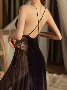 对比色蕾丝纽扣前天鹅绒吊带睡裙 - 黑色 - 查看 5