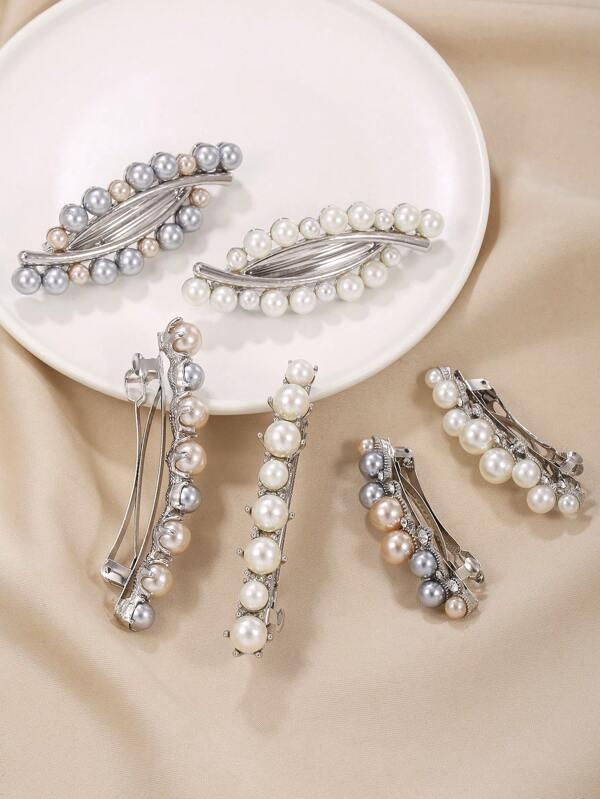 1pc Elegant Metallic Silver Color Faux Pearl Decor Spring Clip Hairpin, Fashionable Hair Accessory For Women,Hair Clips,Hair Barrettes, School Stuff, Pearl Hair Accessories