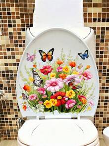 1 件花卉和蝴蝶马桶座贴纸 - 适用于陶瓷浴室表面的防水 PVC 贴花，不对称形状多用途墙贴艺术贴纸，适用于家居装饰 - 花卉和蝴蝶馬桶座貼花 - 查看 6