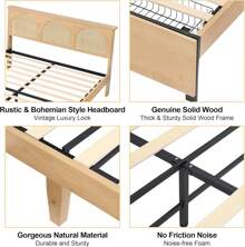 King Size Bed Frame With Natural Rattan Headboard And Storage Drawers, Bed Frame With LED Strips And Strong Woode Slats Support, No Box Spring Needed,Easy Assembly