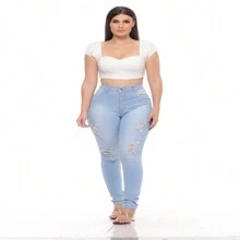 CALCA JEANS FEMININA RASGADA CINTURA ALTA LYCRA