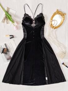 对比色蕾丝纽扣前天鹅绒吊带睡裙 - 黑色 - 查看 7