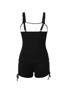 2Pcs Women Summer Swimwear, Leaf Print Padded Tank Tops + Solid Color Drawstring Shorts Swimsuit For Girls, 5 Colors - Sky Blue - View 2