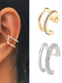 朋克风无耳洞粗圆夹式耳环，金色纹理圆线耳夹，粗犷耳夹，珠宝礼品 - 鑲鑽耳夾 - 查看 13