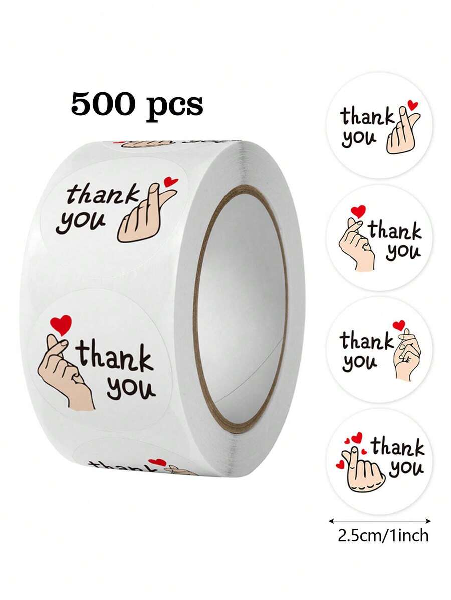500 Miếng/Cuộn Hình Trái Tim Cử Chỉ Tay Hoạt Hình Cảm Ơn, Miếng Dán Tự Dính Thích Hợp Cho Phong Bì Đóng Gói Đơn Hàng Của Cửa Hàng, Hộp Quà Tặng, Nhãn Trang Trí Tự Làm, Miếng Dán PVC Chống Thấm Nước - Nhiều màu - Xem 1