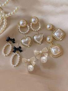 5 pièces Set d'Boucles d'oreilles à tige minimaliste, vintage, bicolore, en forme de cœur creux avec faux perle, de luxe et uniques, pour la Saint-Valentin