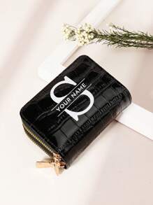 个性化签名鳄鱼印花字母和花朵图案多功能双层拉链卡包钱包，情人节、母亲节、生日礼物的理想之选，女士钱包和包包，本地潮流 - 黑色 - 查看 7