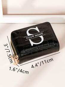 个性化签名鳄鱼印花字母和花朵图案多功能双层拉链卡包钱包，情人节、母亲节、生日礼物的理想之选，女士钱包和包包，本地潮流 - 黑色 - 查看 11