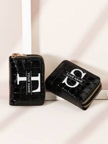 个性化签名鳄鱼印花字母和花朵图案多功能双层拉链卡包钱包，情人节、母亲节、生日礼物的理想之选，女士钱包和包包，本地潮流 - 黑色 - 查看 8