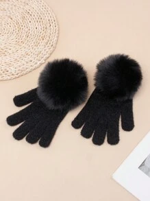 1 Pair Girls' Fingerless Gloves, Warm Knitted Simple Gloves With Faux Fur Pom Pom, Suitable For Autumn/Winter - Fingerless Gloves - View 2