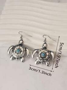 1 Cặp bông tai mặt dây chuyền hình con rùa bạc cổ điển, trang sức kim loại phong cách Punk thiết kế độc đáo dành cho phụ nữ - Màu Bạc Cổ - Xem 4