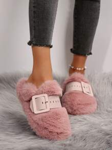 Women's Platform Fluffy Slide Sandals With Buckle, Closed Toe Slip On Slippers For Indoor/Outdoor Wear, Autumn/Winter