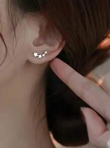 1 Pair Silver Tiny Star Quartet Crawler Earring Dainty Climber Ear Stud - Silver - View 5