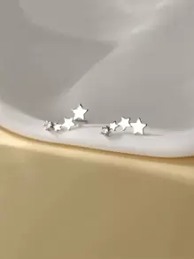 1 Pair Silver Tiny Star Quartet Crawler Earring Dainty Climber Ear Stud - Silver - View 4