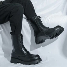 男士高帮靴韩版时尚长筒靴时尚百搭真皮摩托车靴 - 黑色 - 查看 7