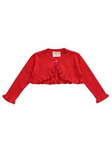 Toddler Baby Girl Sweater Crop Top Knit Cardigan Long Sleeve Ruffled One Button Cute Outwear Kids Fall Shrug Cover Up - Red - View 1