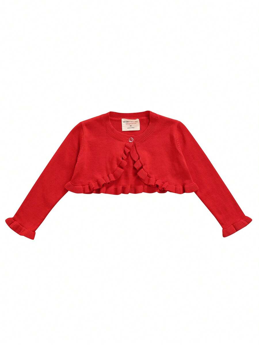 Toddler Baby Girl Sweater Crop Top Knit Cardigan Long Sleeve Ruffled One Button Cute Outwear Kids Fall Shrug Cover Up - Red - View 1