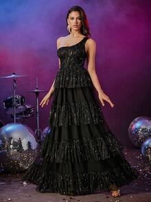 Double Crazy 1 chiếc váy dự tiệc hở lưng xếp nếp bằng lưới và sequin cho nữ, gợi cảm và thời trang, váy dạ hội trang trọng màu đen thanh lịch, dành cho khách dự tiệc cưới, tốt nghiệp, tiệc tối - màu đen - Xem 5