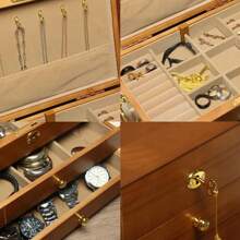 个性化木制珠宝盒，定制复古珠宝盒，带锁和钥匙的个性化木制珠宝盒，送给她的优雅复古礼物 - Wood color - 查看 3