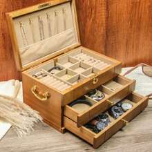 个性化木制珠宝盒，定制复古珠宝盒，带锁和钥匙的个性化木制珠宝盒，送给她的优雅复古礼物 - Wood color - 查看 7