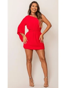 One Shoulder Dress With Short Skirt - Đỏ - Xem 1