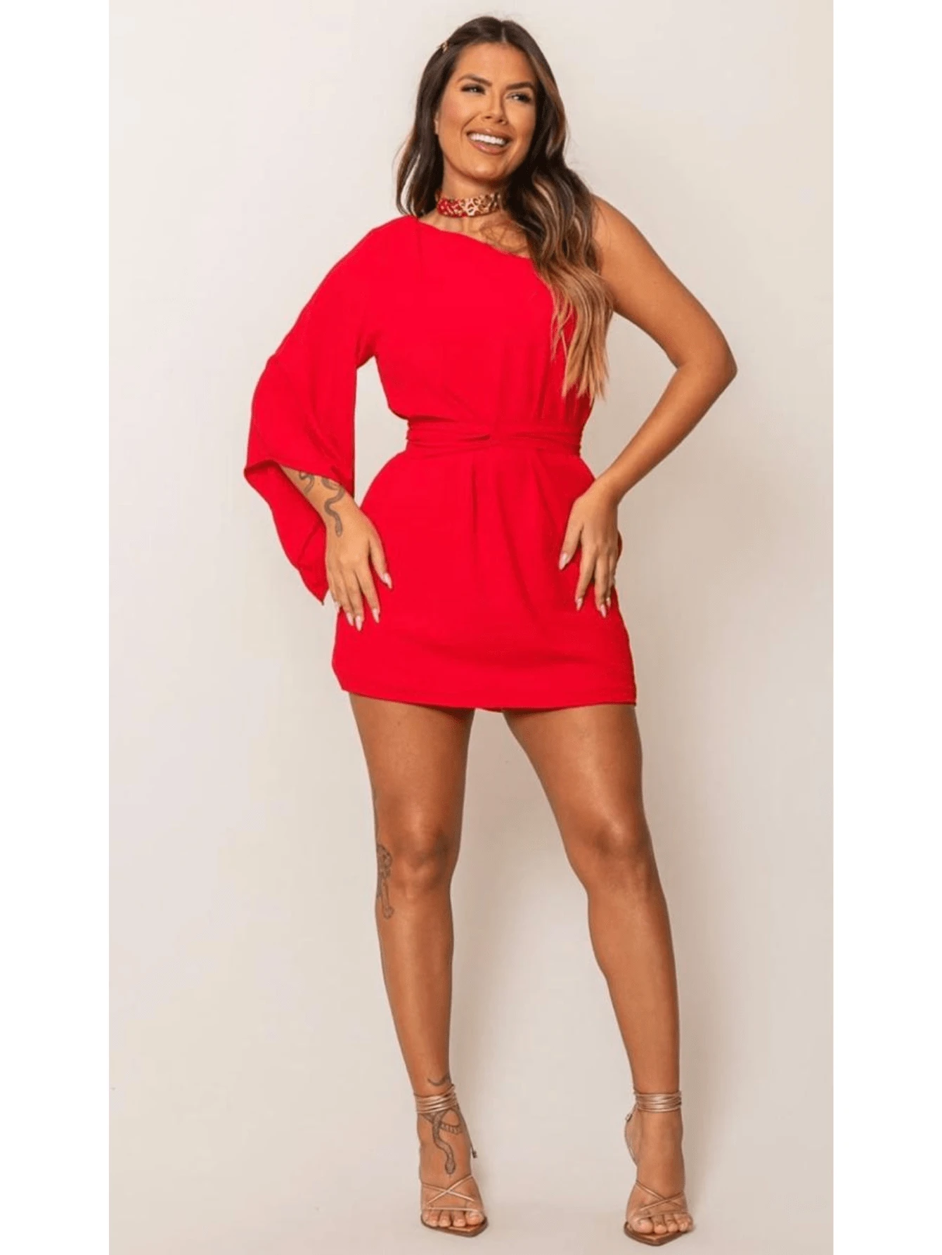 One Shoulder Dress With Short Skirt - Đỏ - Xem 1