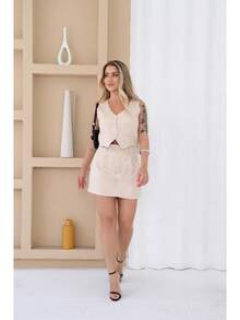 Set Of Vest Style Blouse With V-Neck And Short Skirt - 綠色 - 查看 2