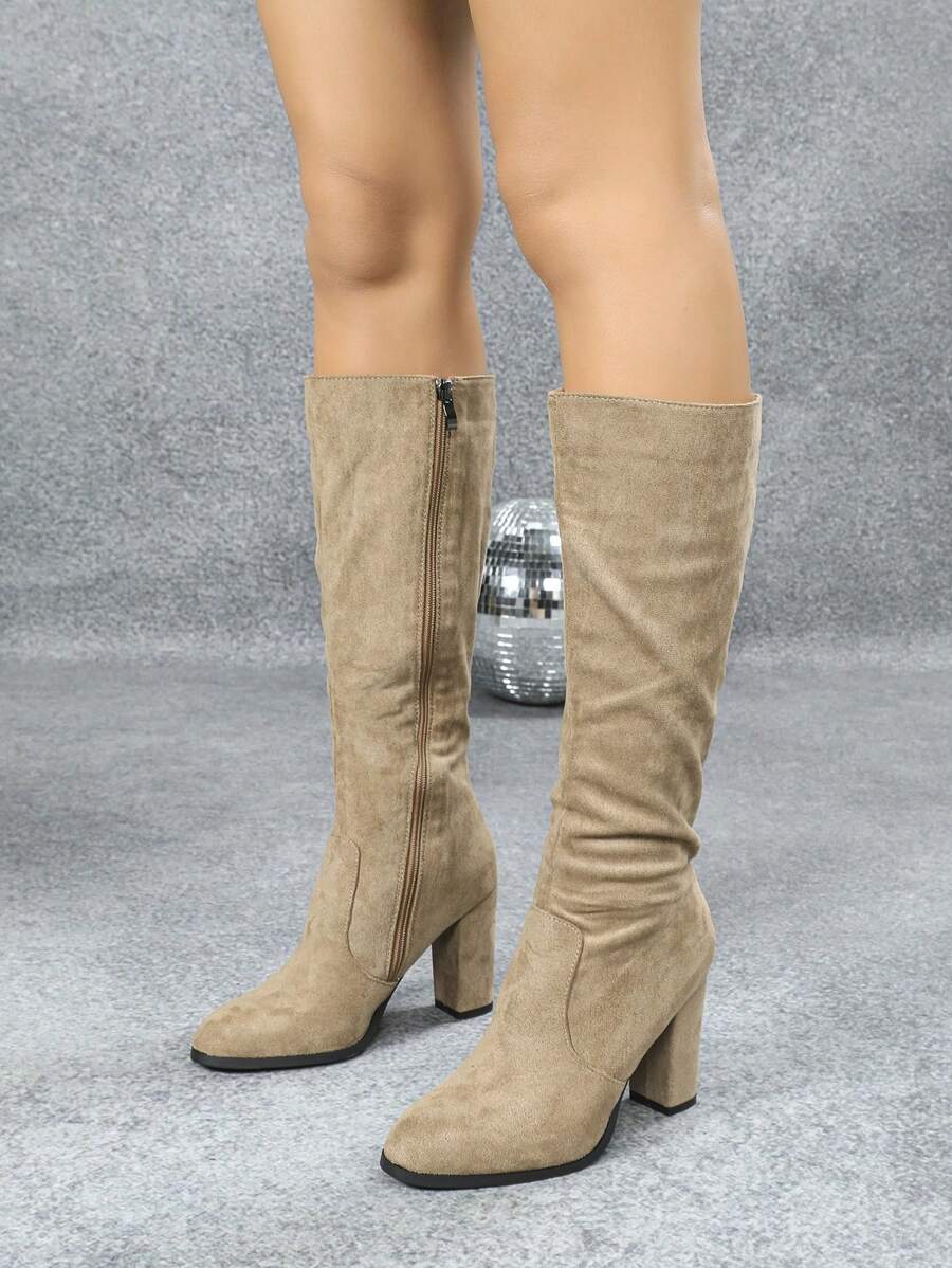 2024秋冬新款女圆头高跟过膝靴，侧拉链粗跟弹力过膝马靴