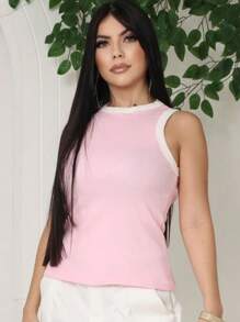 Women's Premium Ribbed Cotton Tank Top, Basic, Plain, Two-Tone - 淺粉色 - 查看 1