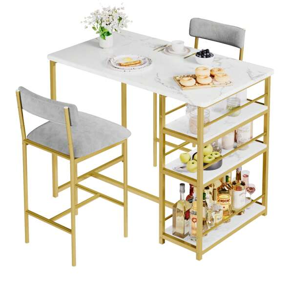 Mesa de bar con juego de taburetes de bar, mesa de bar con 2 taburetes de bar y 3 estantes laterales de 3 piezas. Juego de mesa de comedor, mesa de cocina, grupo de asientos industrial para comedor, cocina, sala de estar