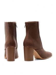 Women's Simple Elegant Smooth Ankle Boots With Square Toe & Stack Heel Half Side Zip Perfect For Offices, Dates, Vacations And Daily Wear - Brown - View 7