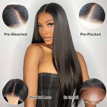 戴上即走无胶假发，真人发丝，预剪，4x4 直发蕾丝前假发，女士真人发丝假发，无胶，高清蕾丝前扣，可直接戴，180% 密度，自然黑色 - 黑色 - 查看 8