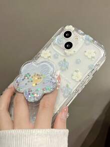 1pc Floral Pattern Transparent Phone Case With Removable Kickstand Compatible With IPhone 15/15Pro/15Plus/15Promax - Màu xanh lam - Xem 4