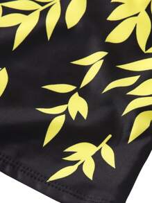 Women Plus Size 2Pcs Swimwear Leaf Print Padded Crop Tank Top With Solid Color Drawstring Shorts Tankini Swimsuit - Yellow - View 9