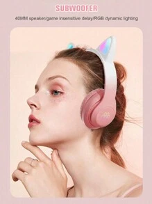 Casque sans fil, Bluetooth 5.0, longue durée de vie de la batterie, audio haute qualité, faible latence, design oreilles de chat, convient pour l'écoute de musique et le jeu esport