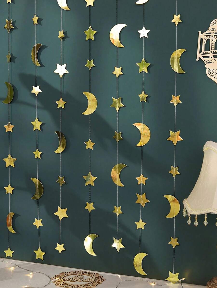 4m Pendente Iridescente de Estrela Cintilante, Lua e Flor para Decoração de Bottom de Banner de Festa Muçulmana, Ramadã e Eid Mubarak - Multicolorido - Visão 1