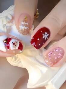 使用 24 件短方形圣诞按压指甲立即升级您的外观，圣诞假指甲甜美时尚白雪人圣诞老人闪光圣诞树红色假指甲优雅拐杖糖果白点假指甲圣诞指甲全覆盖假指甲适用于女性和女孩，包括 1 张粘性标签和 1 个迷你锉刀条果冻凝胶随机发货 - 紅色 - 查看 1