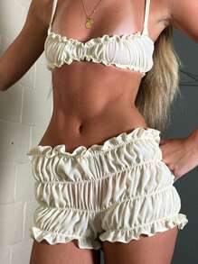 Women 2 Piece Y2k Ruffle Shorts Sets Sleeveless Spaghetti Strap Cami Tank Shirt PJ Pajama Shorts Shirred Smocked Shorts Frilly Ruffle Trim Shorts Fairycore Aesthetic Pjs - 白色 - 查看 3